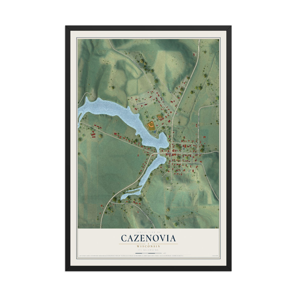 Map of Cazenovia, Wisconsin, 12 x 18 inch print in a black wood frame
