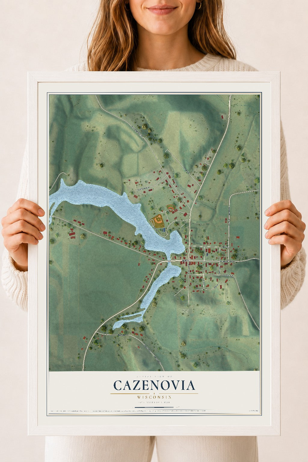 Map of Cazenovia, Wisconsin, 18 x 24 inch print in a white wood frame