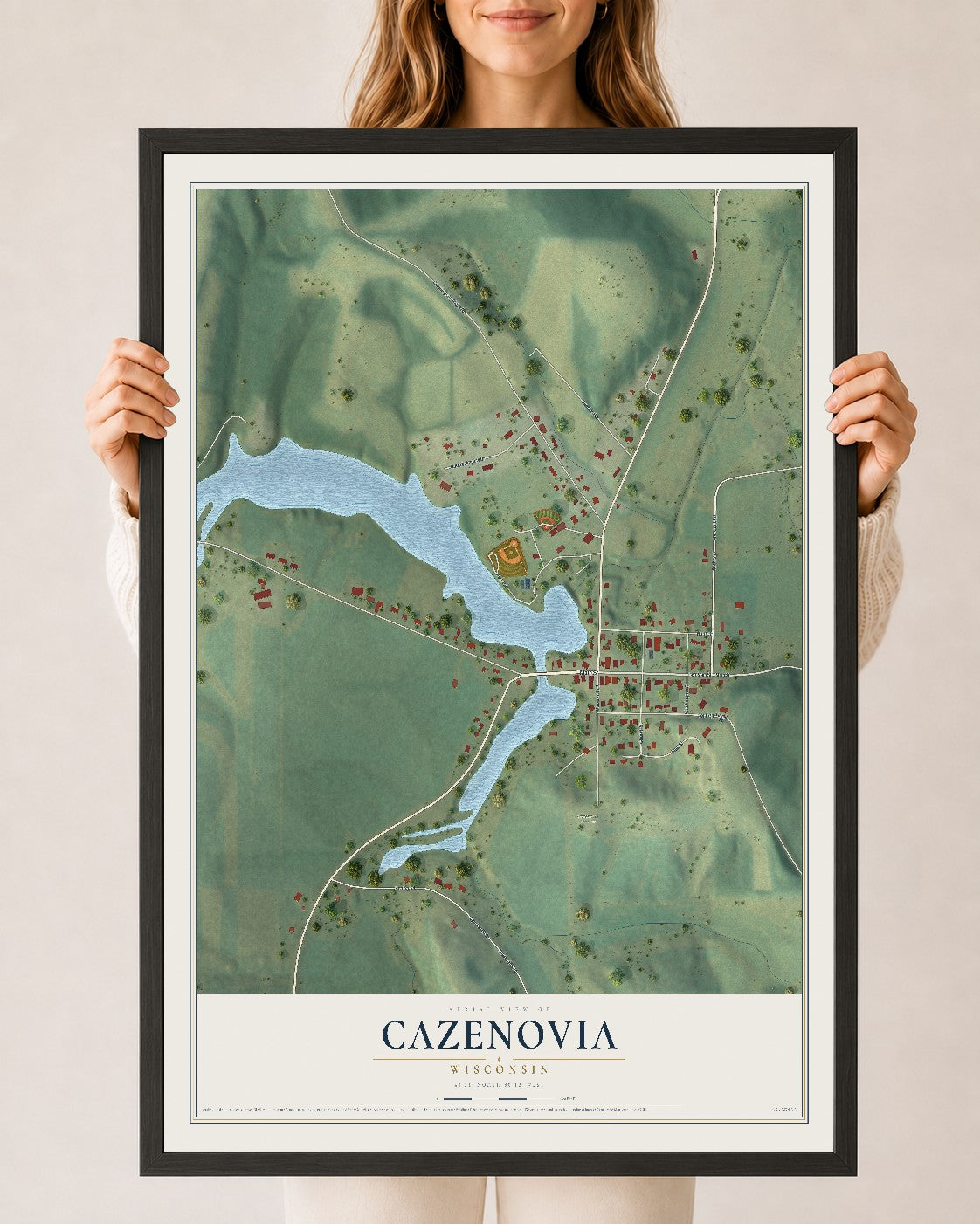 Map of Cazenovia, Wisconsin, 24 x 36 inch print in a black wood frame
