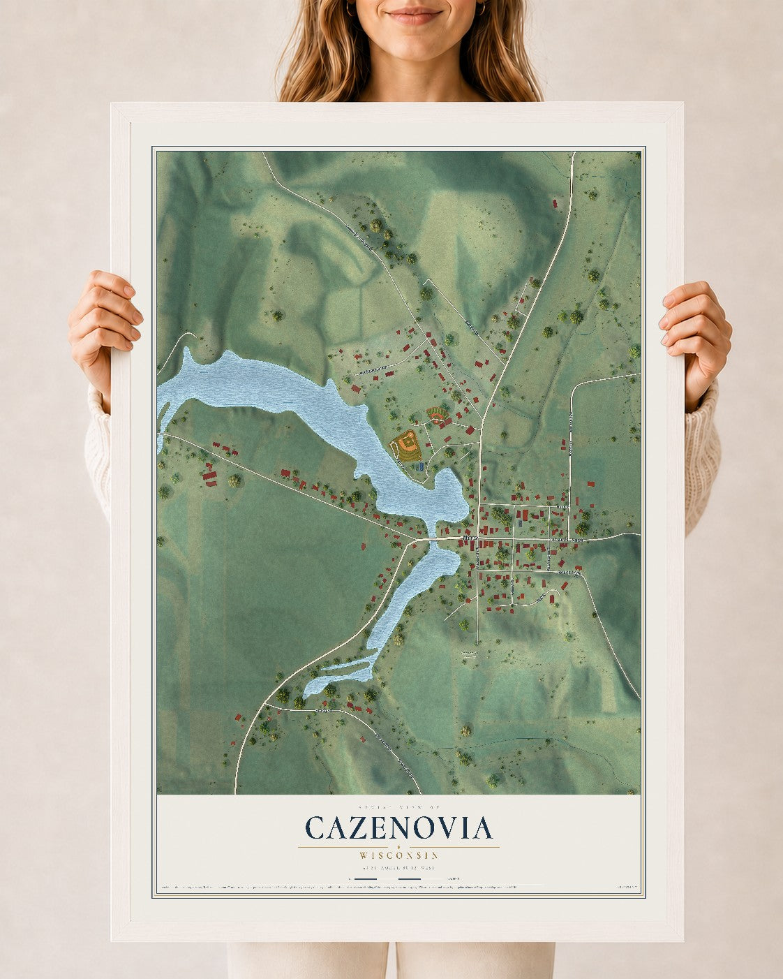 Map of Cazenovia, Wisconsin, 24 x 36 inch print in a white wood frame