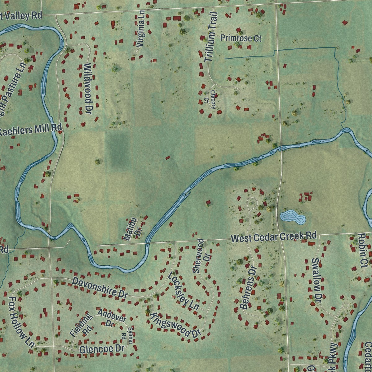 Close-up of the map of the Town of Cedarburg, Wisconsin print showing street and building detail