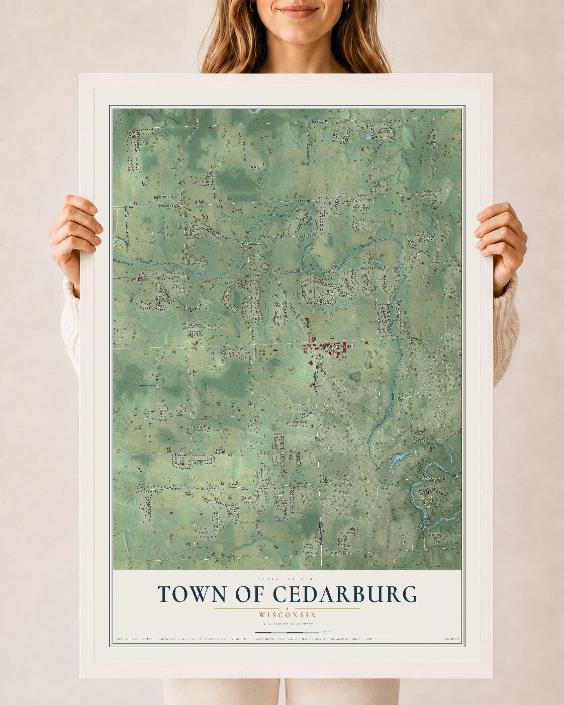 Map of the Town of Cedarburg, Wisconsin, 24 x 36 inch print in a white wood frame