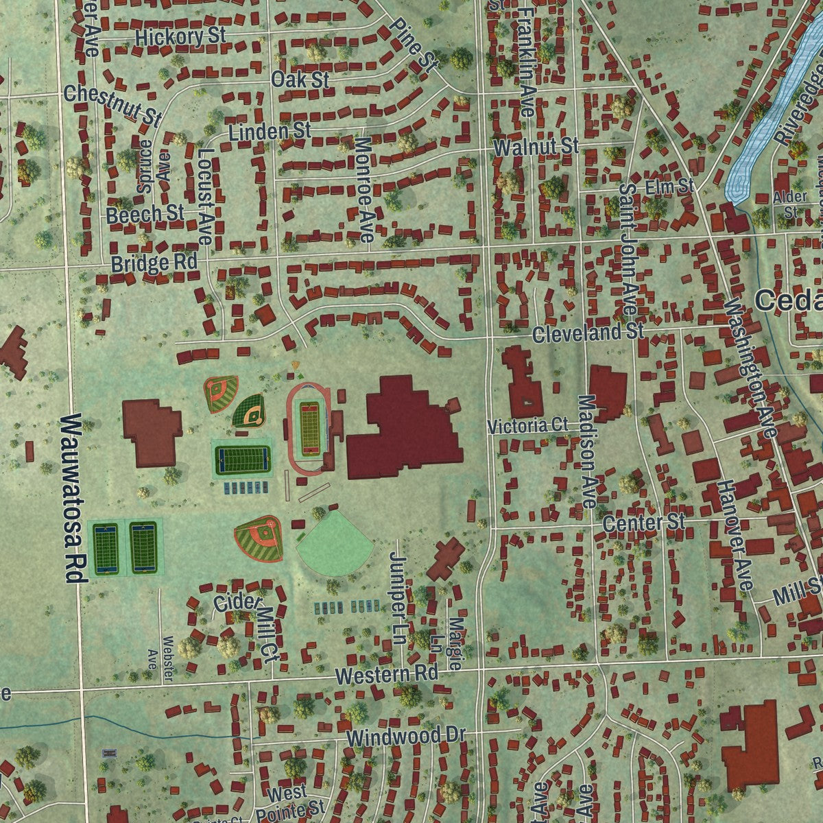 Close-up of the map of Cedarburg, Wisconsin print showing street and building detail