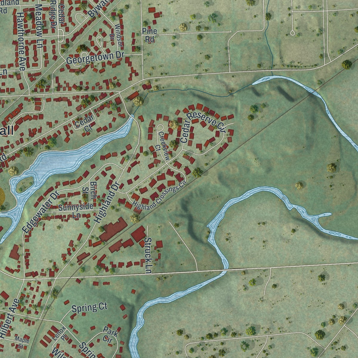 Second close-up of the map of Cedarburg, Wisconsin print showing more streets and buildings