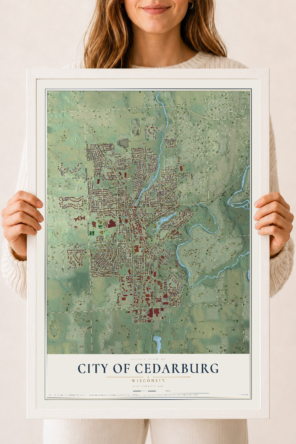 Map of Cedarburg, Wisconsin, 18 x 24 inch print in a white wood frame