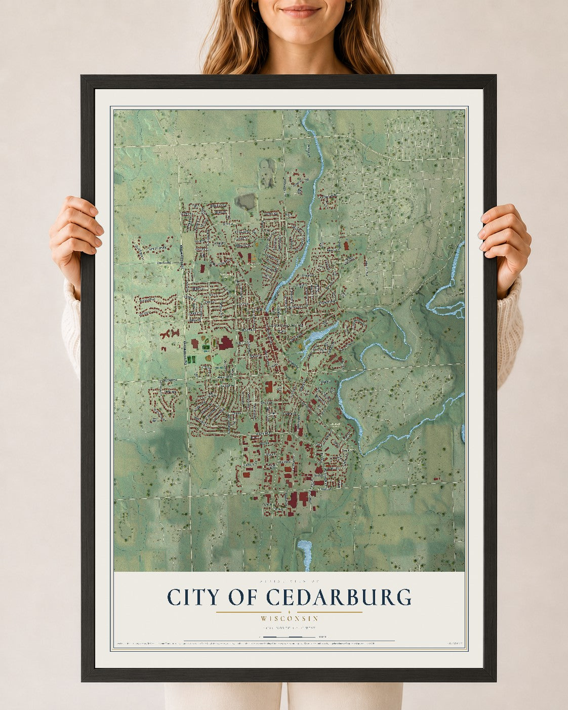 Map of Cedarburg, Wisconsin, 24 x 36 inch print in a black wood frame