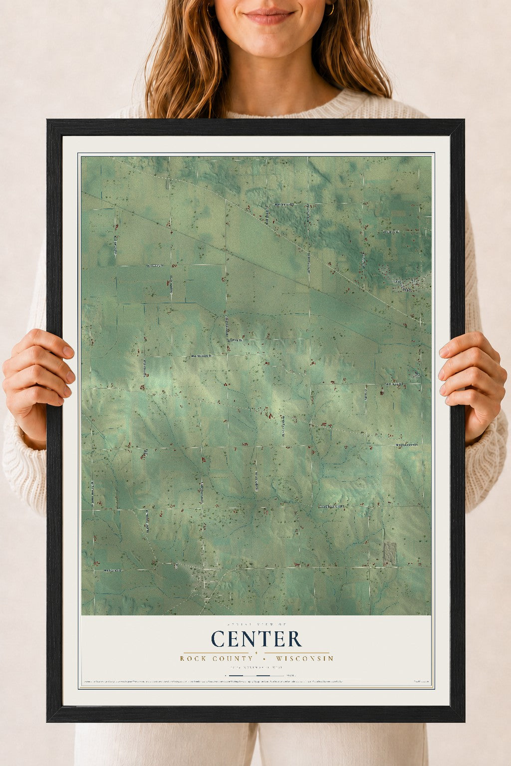 Map of Center, Rock County, Wisconsin, 18 x 24 inch print in a black wood frame