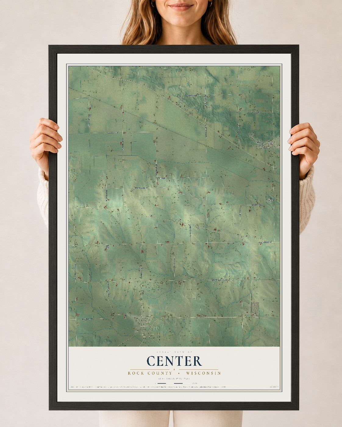Map of Center, Rock County, Wisconsin, 24 x 36 inch print in a black wood frame