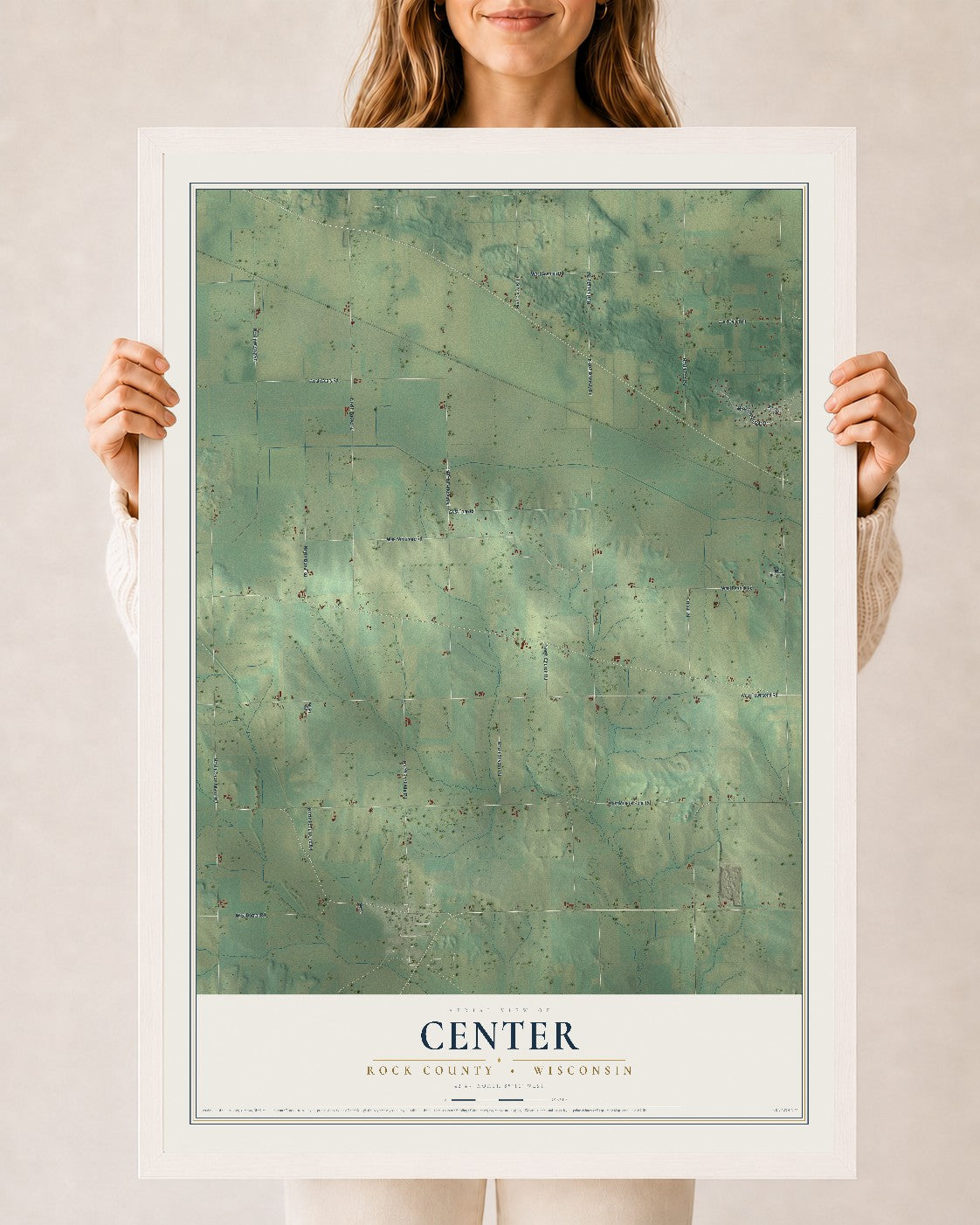 Map of Center, Rock County, Wisconsin, 24 x 36 inch print in a white wood frame
