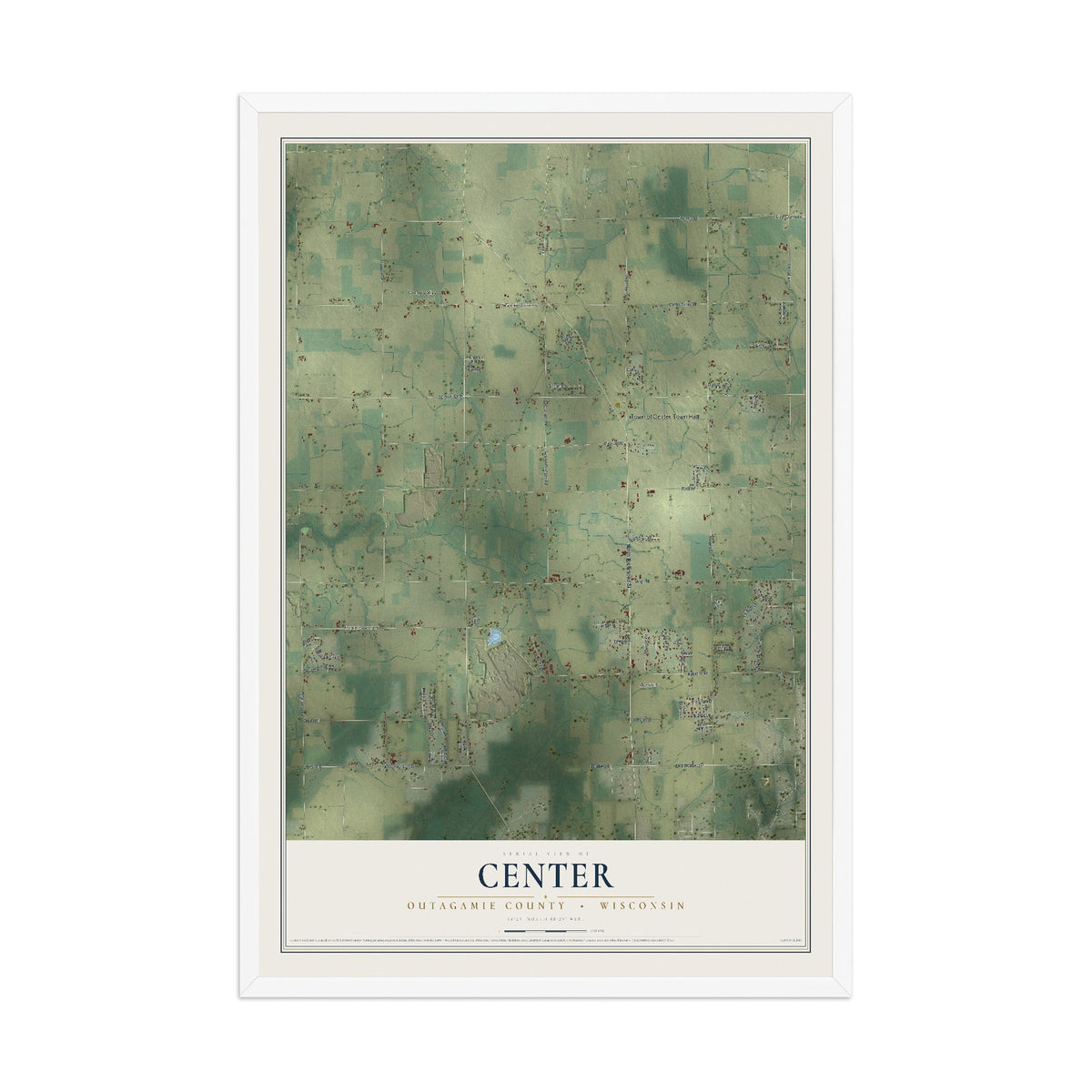Map of Center, Outagamie County, Wisconsin, 12 x 18 inch print in a white wood frame