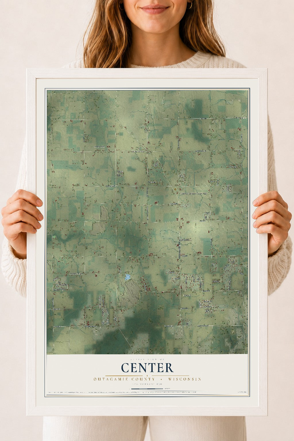 Map of Center, Outagamie County, Wisconsin, 18 x 24 inch print in a white wood frame