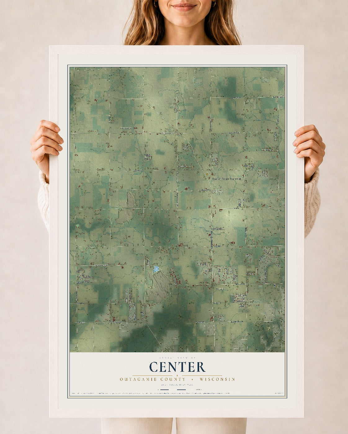 Map of Center, Outagamie County, Wisconsin, 24 x 36 inch print in a white wood frame