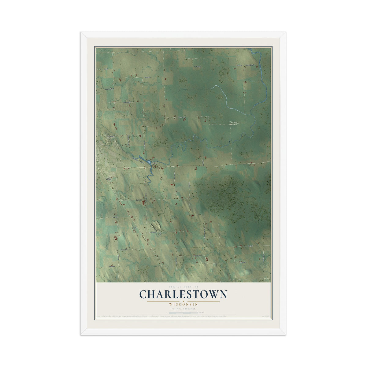 Map of Charlestown, Wisconsin, 12 x 18 inch print in a white wood frame