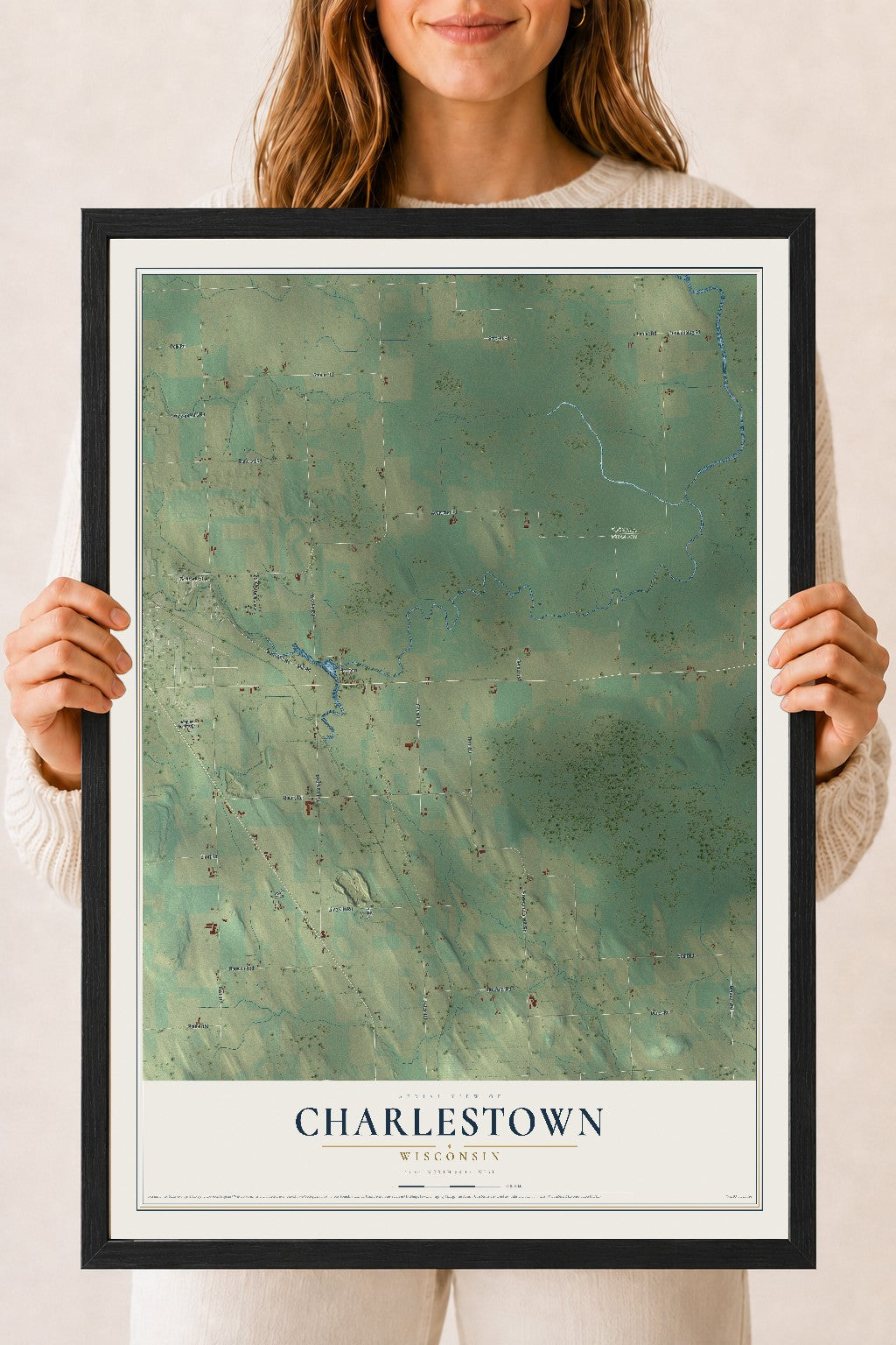 Map of Charlestown, Wisconsin, 18 x 24 inch print in a black wood frame
