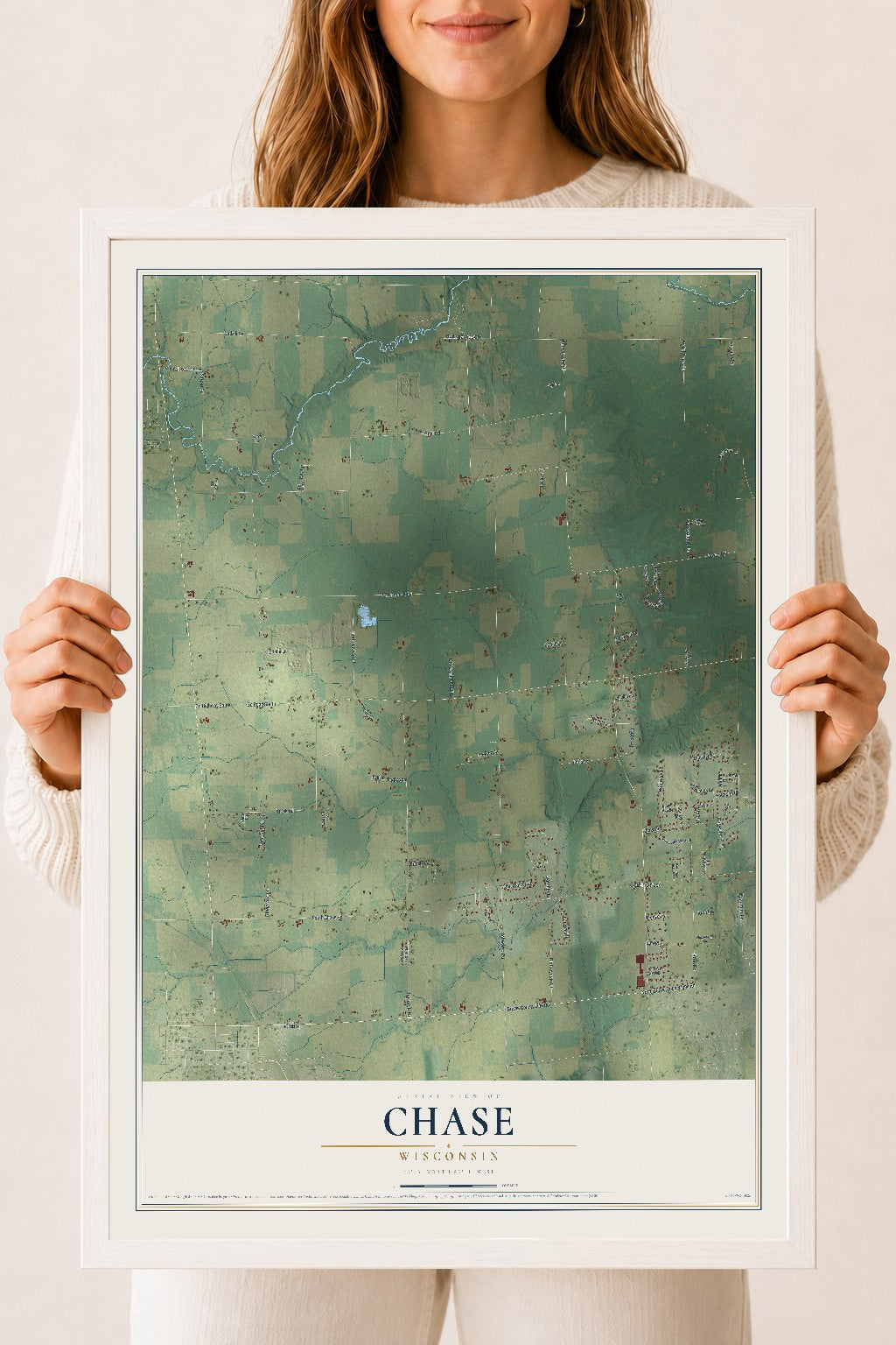 Map of Chase, Wisconsin, 18 x 24 inch print in a white wood frame