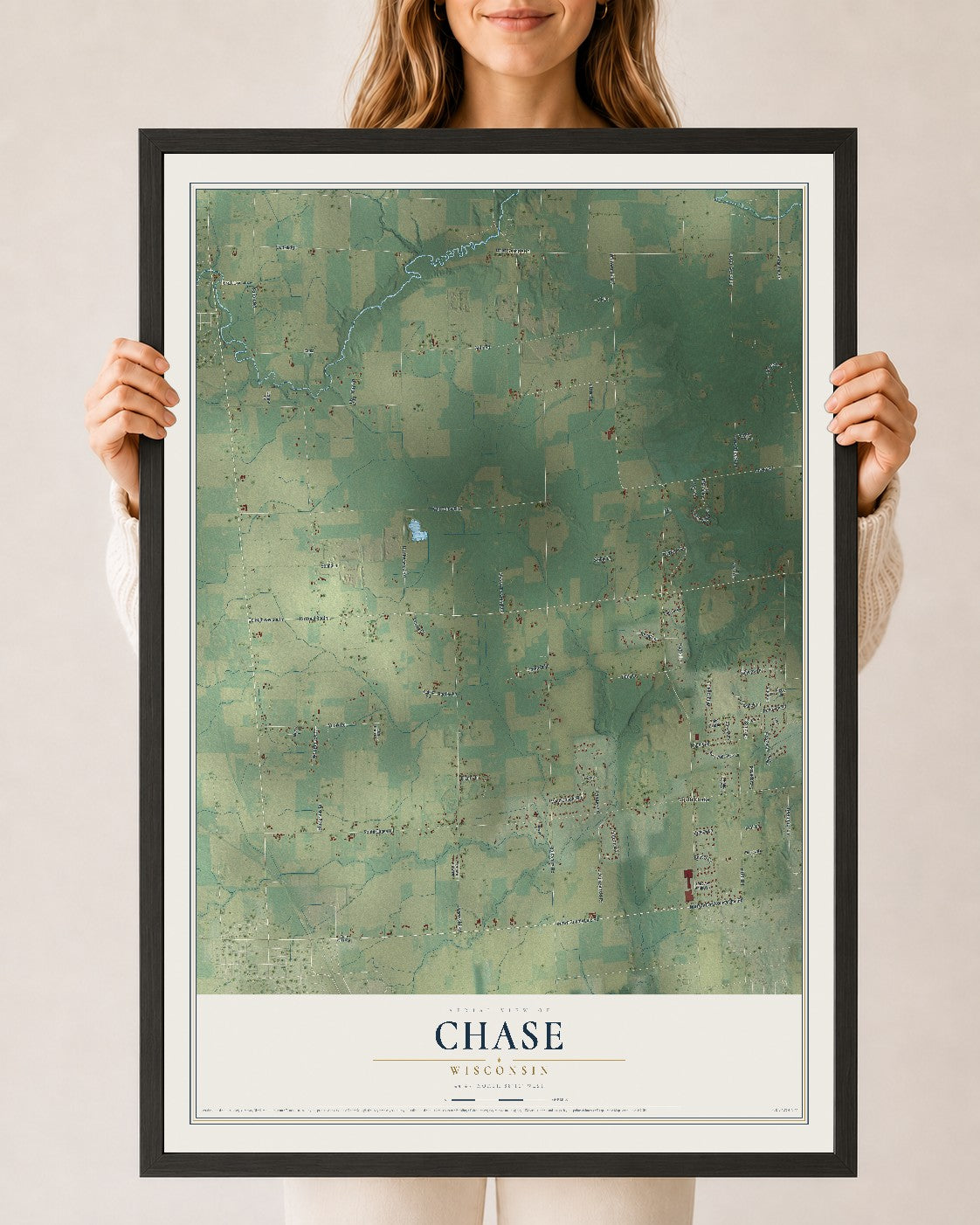 Map of Chase, Wisconsin, 24 x 36 inch print in a black wood frame