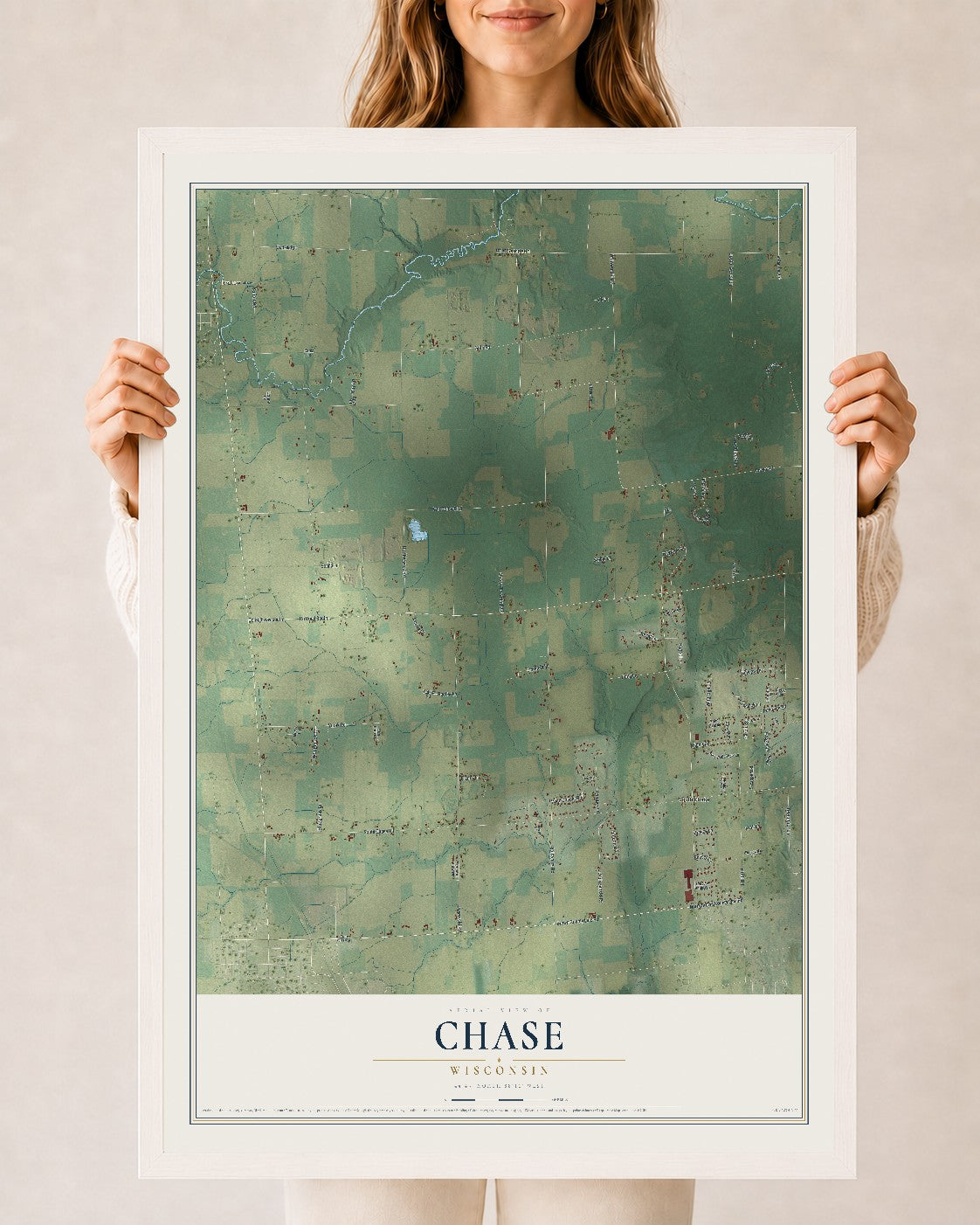 Map of Chase, Wisconsin, 24 x 36 inch print in a white wood frame