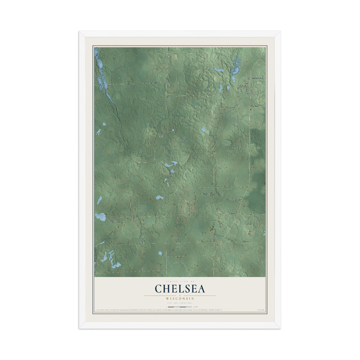 Map of Chelsea, Wisconsin, 12 x 18 inch print in a white wood frame