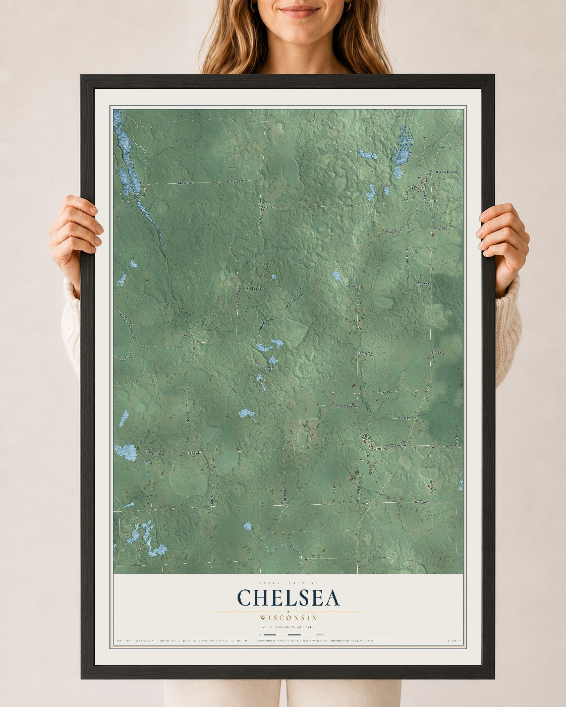 Map of Chelsea, Wisconsin, 24 x 36 inch print in a black wood frame