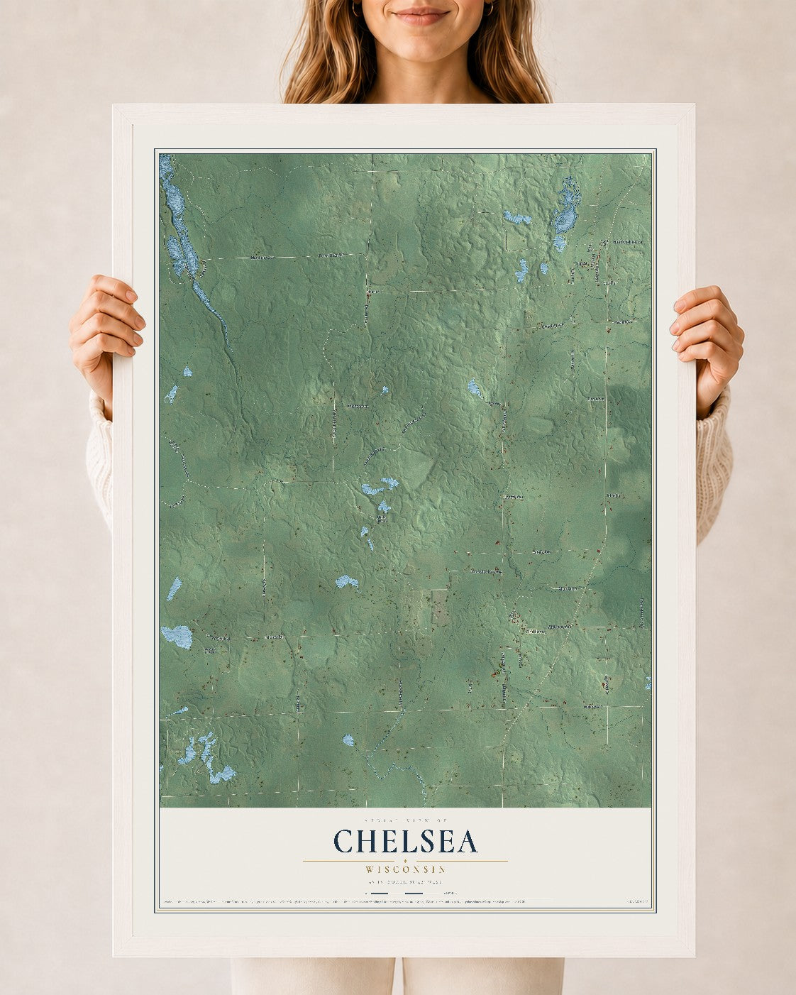 Map of Chelsea, Wisconsin, 24 x 36 inch print in a white wood frame