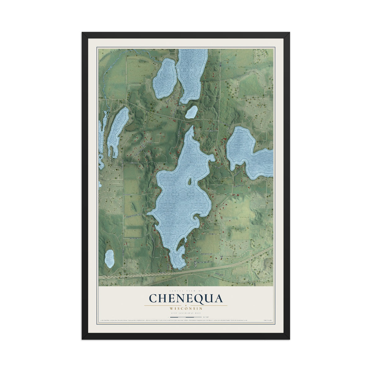 Map of Chenequa, Wisconsin, 12 x 18 inch print in a black wood frame