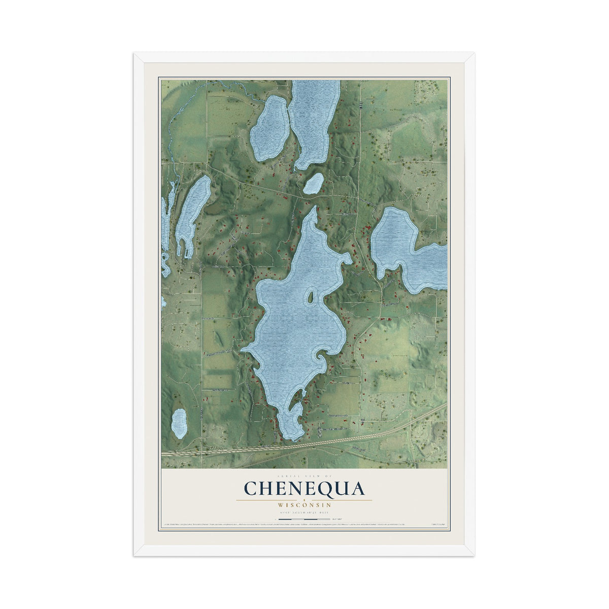 Map of Chenequa, Wisconsin, 12 x 18 inch print in a white wood frame