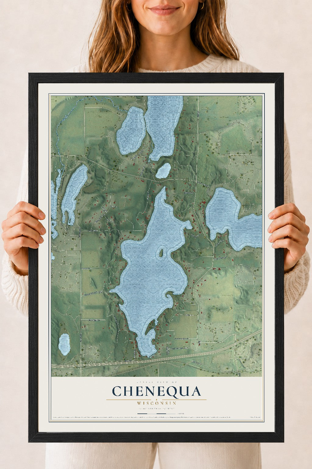 Map of Chenequa, Wisconsin, 18 x 24 inch print in a black wood frame
