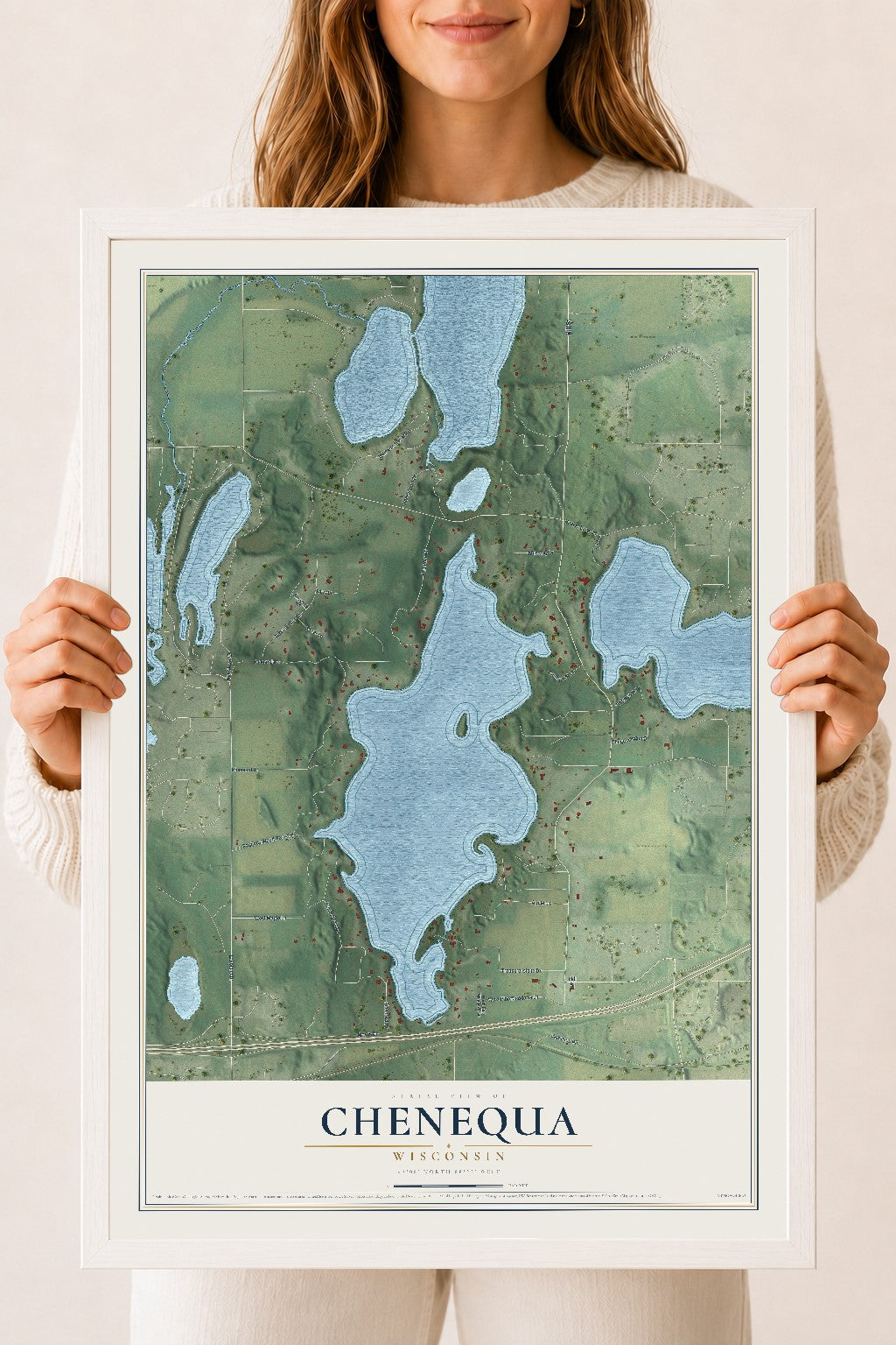 Map of Chenequa, Wisconsin, 18 x 24 inch print in a white wood frame