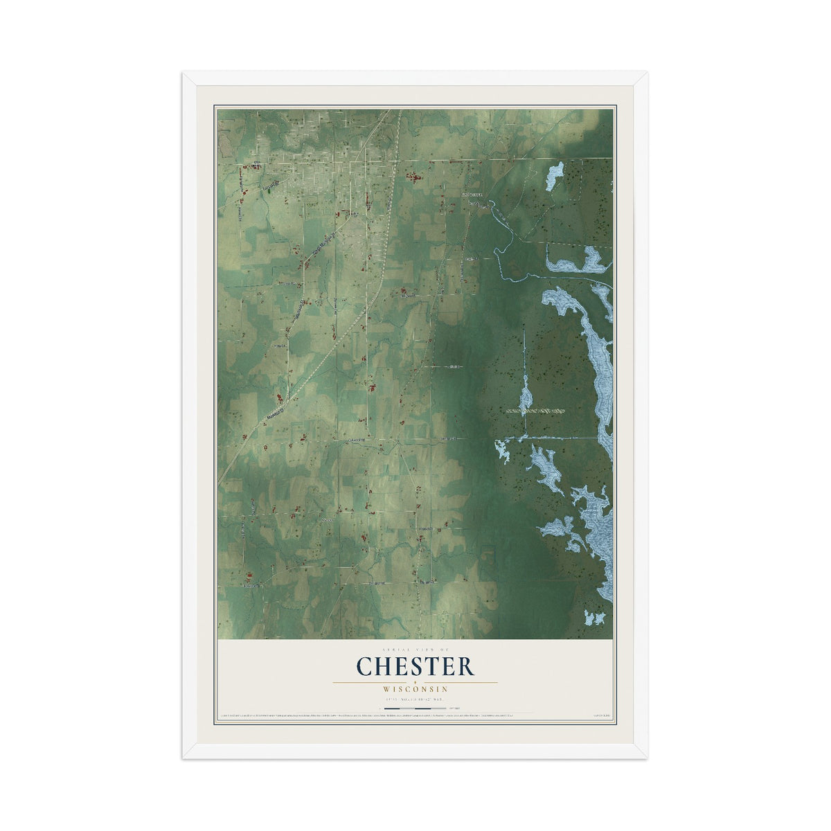 Map of Chester, Wisconsin, 12 x 18 inch print in a white wood frame