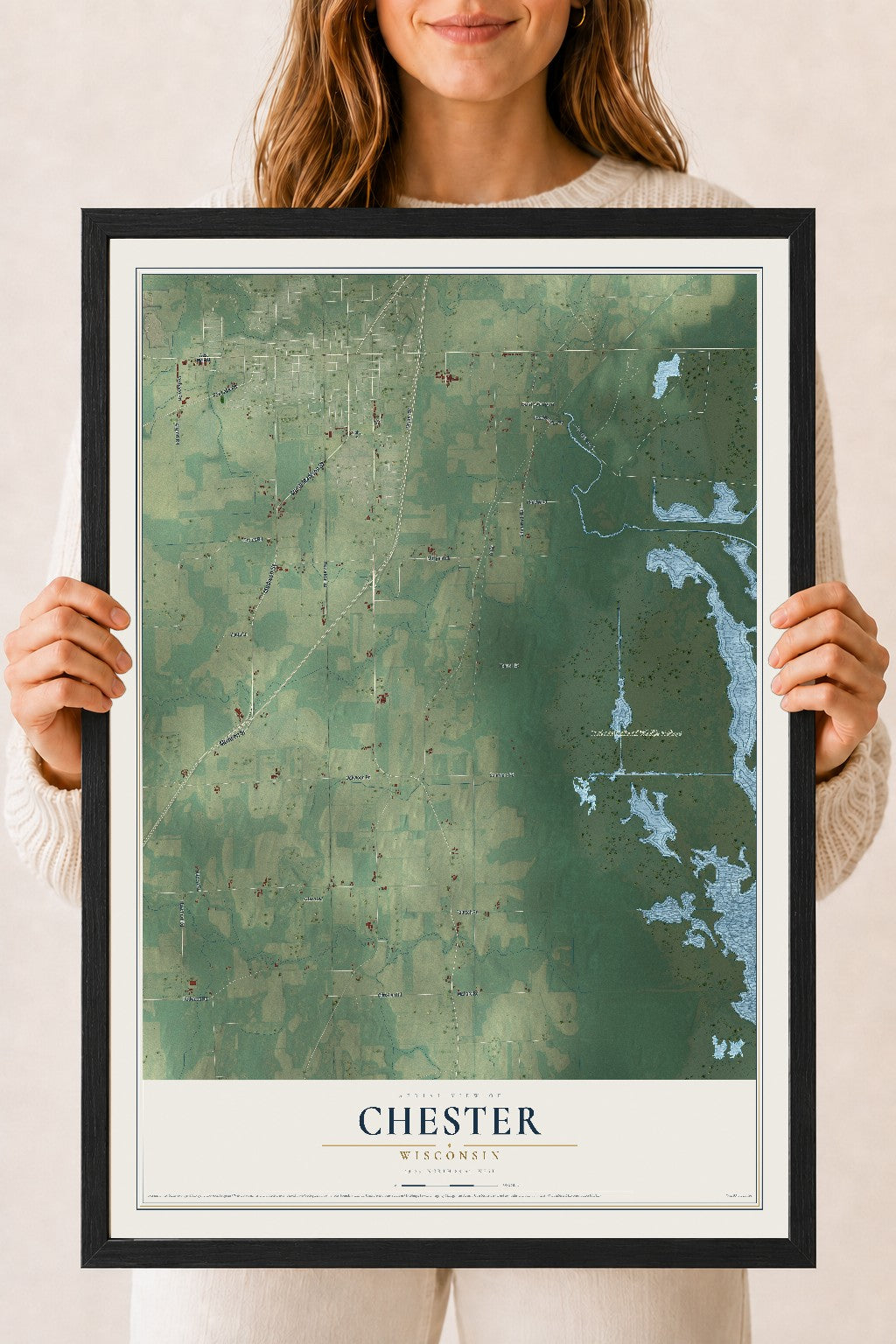 Map of Chester, Wisconsin, 18 x 24 inch print in a black wood frame