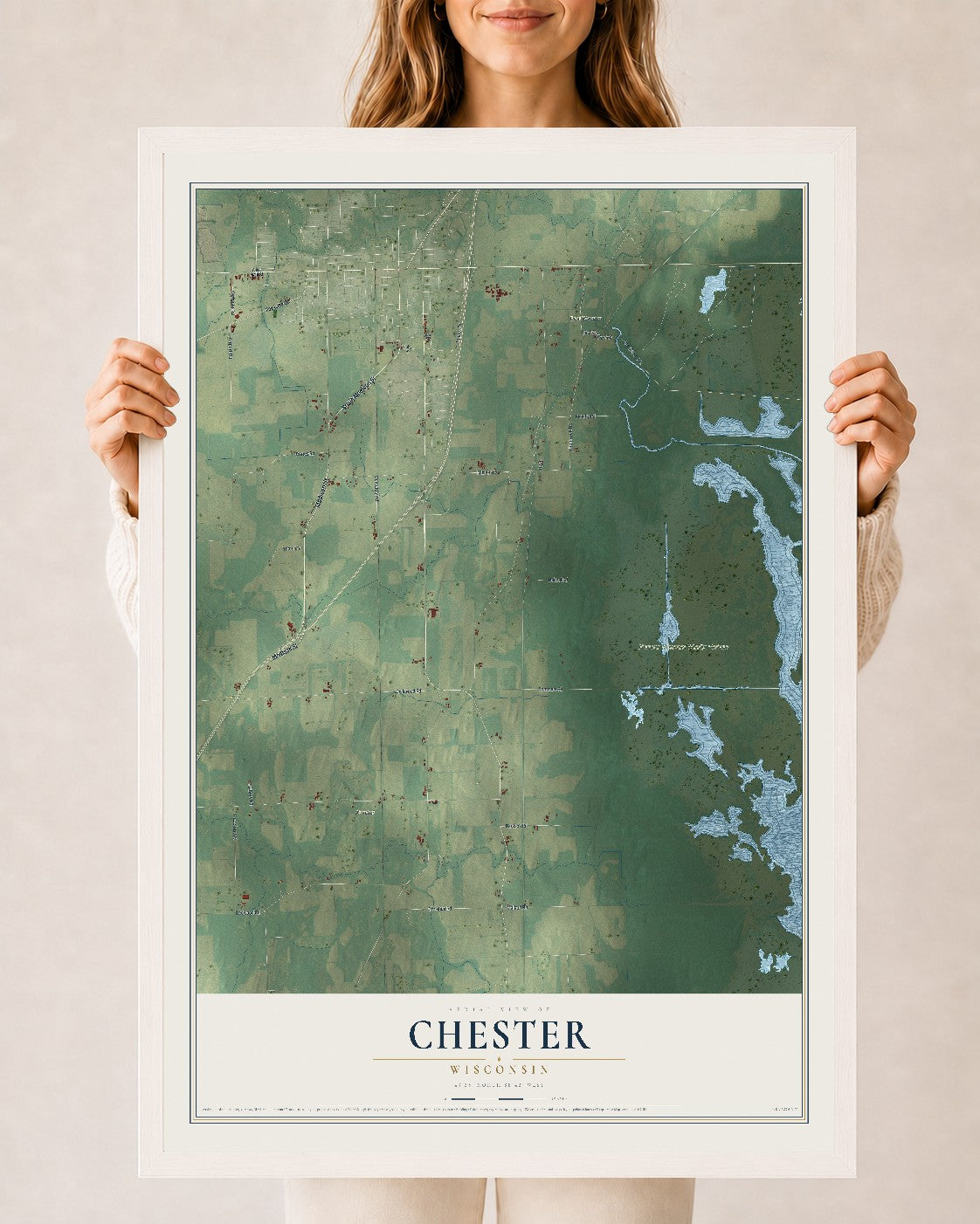 Map of Chester, Wisconsin, 24 x 36 inch print in a white wood frame