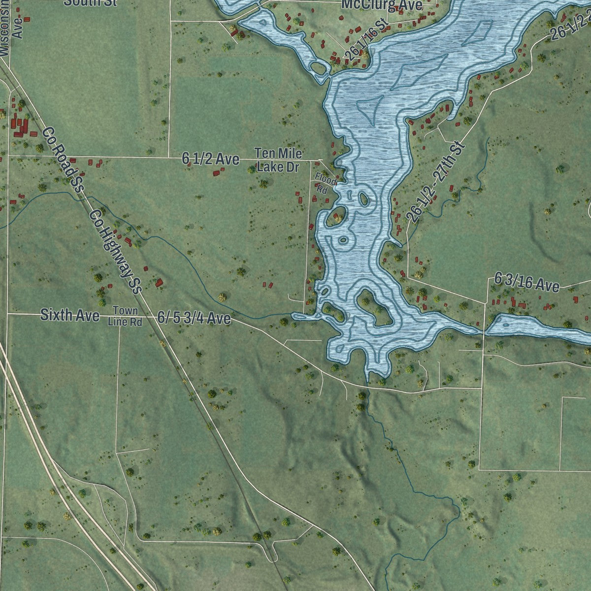 Second close-up of the map of the Town of Chetek, Wisconsin print showing more streets and buildings