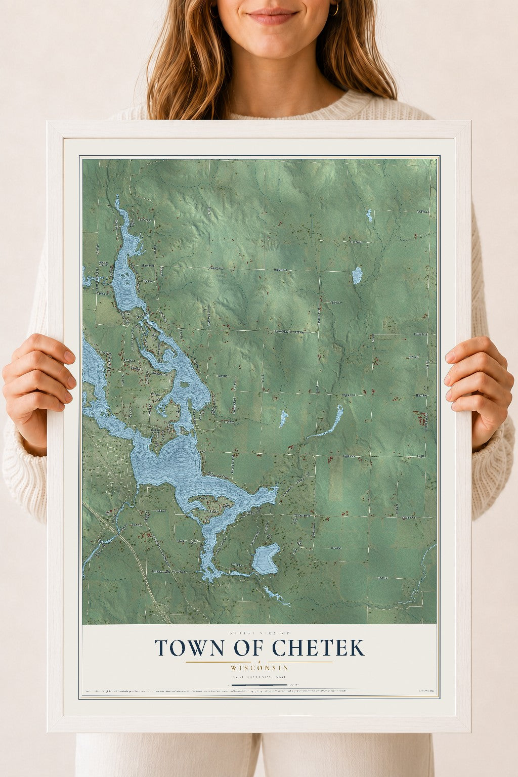 Map of the Town of Chetek, Wisconsin, 18 x 24 inch print in a white wood frame