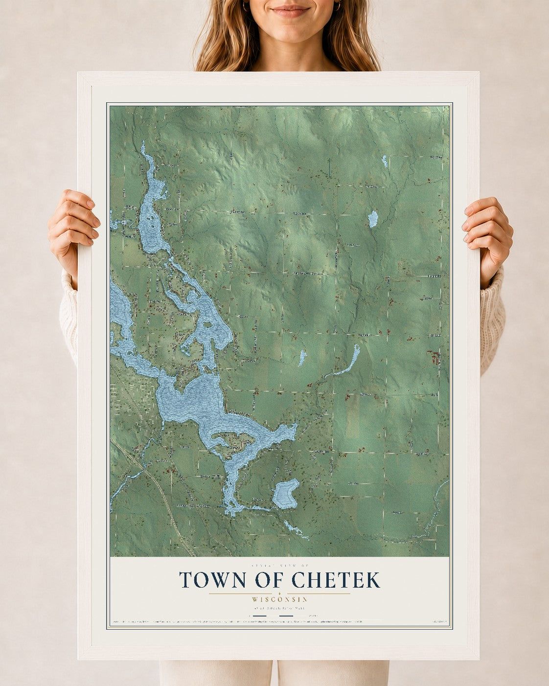 Map of the Town of Chetek, Wisconsin, 24 x 36 inch print in a white wood frame