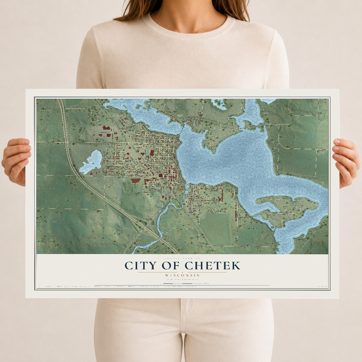 Map of Chetek, Wisconsin, 12 x 18 inch unframed archival matte print