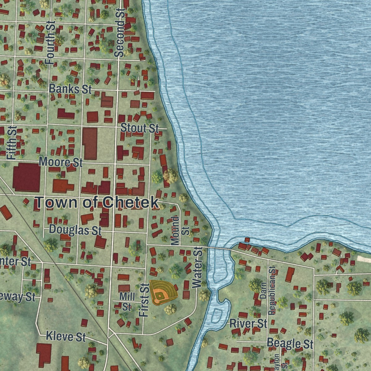 Close-up of the map of Chetek, Wisconsin print showing street and building detail