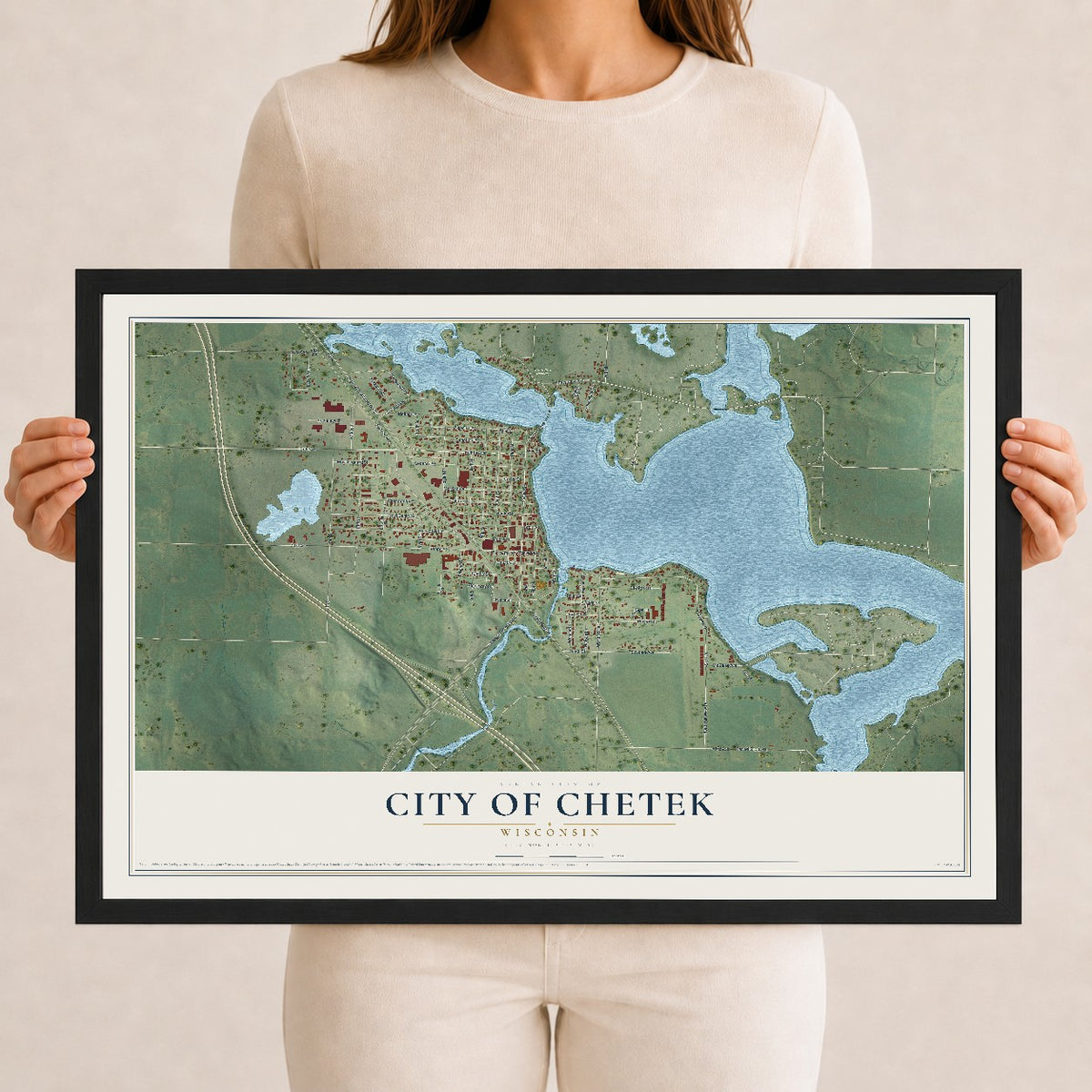 Map of Chetek, Wisconsin, 12 x 18 inch print in a black wood frame