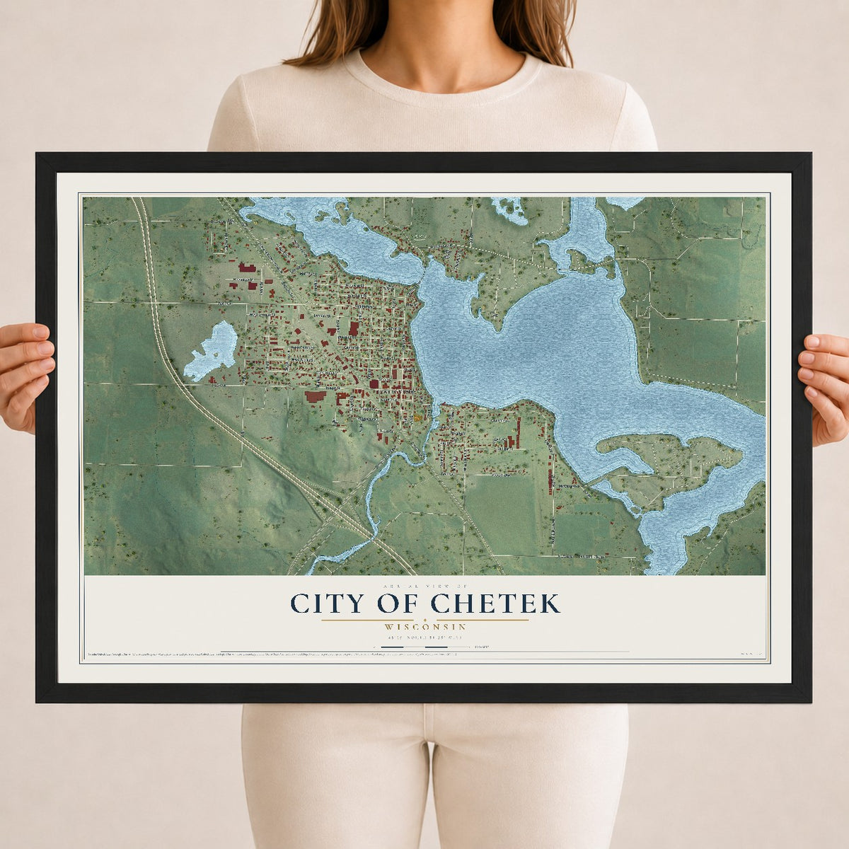 Map of Chetek, Wisconsin, 18 x 24 inch print in a black wood frame