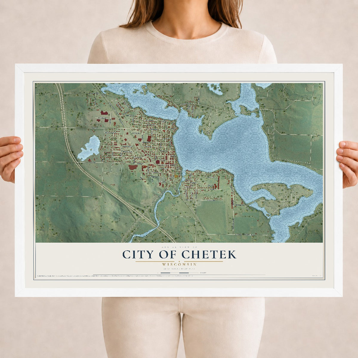 Map of Chetek, Wisconsin, 18 x 24 inch print in a white wood frame