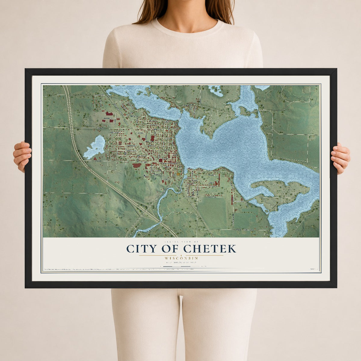 Map of Chetek, Wisconsin, 24 x 36 inch print in a black wood frame