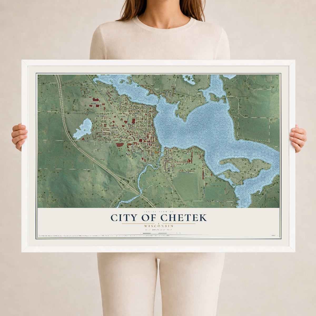 Map of Chetek, Wisconsin, 24 x 36 inch print in a white wood frame