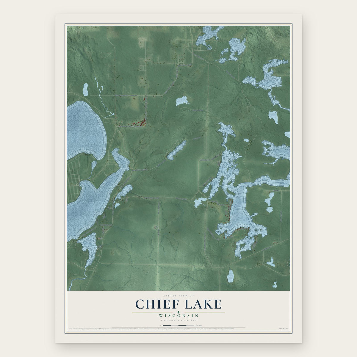Chief Lake, Wisconsin map print, the full design