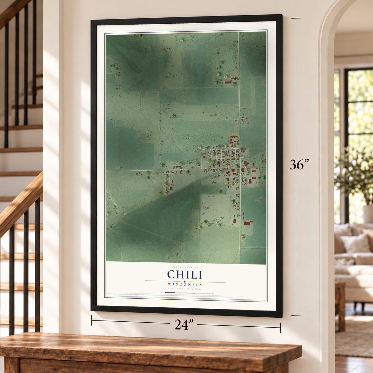 Chili, Wisconsin map, 24 x 36 inch print in a black frame by a staircase