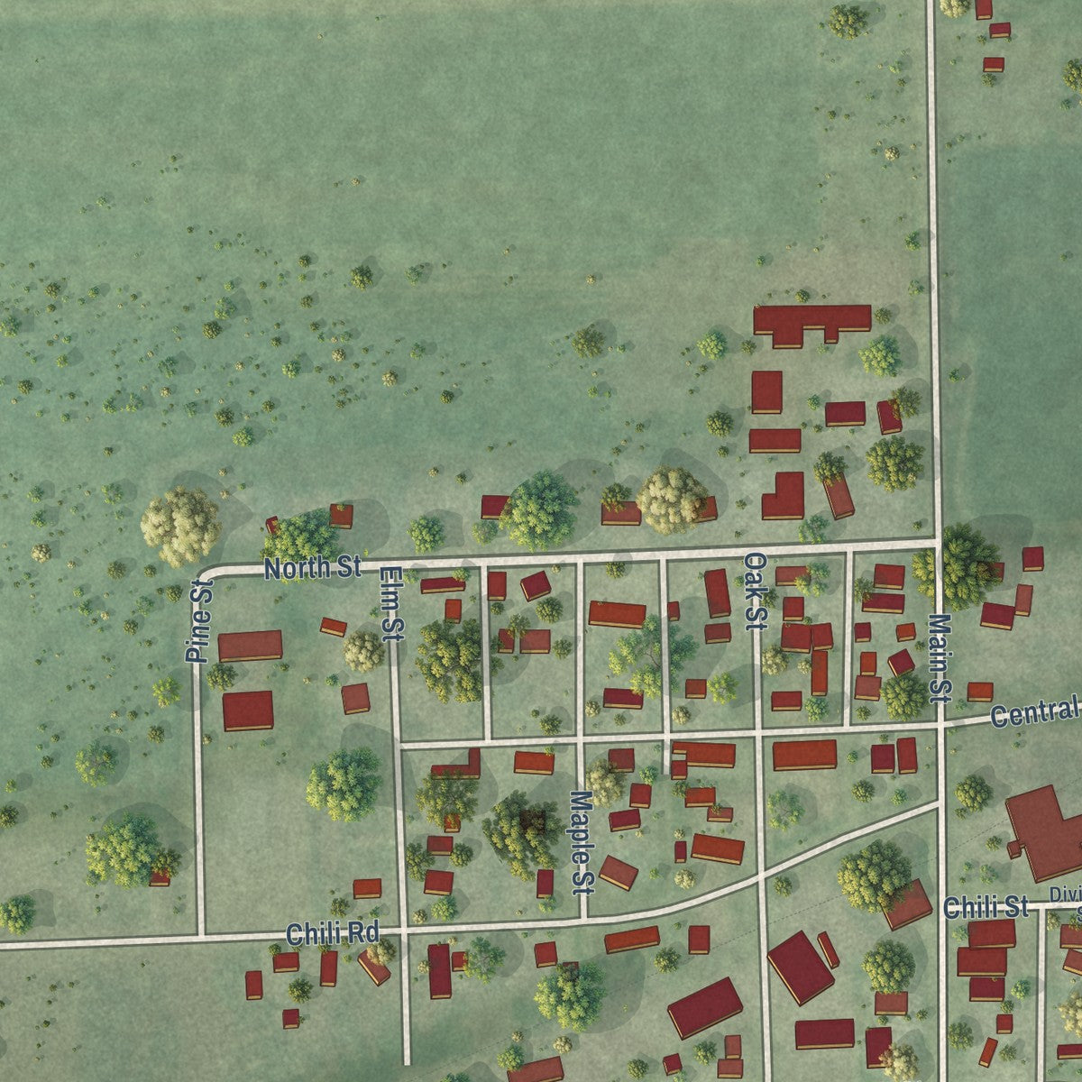 Close-up of the map of Chili, Wisconsin print showing street and building detail