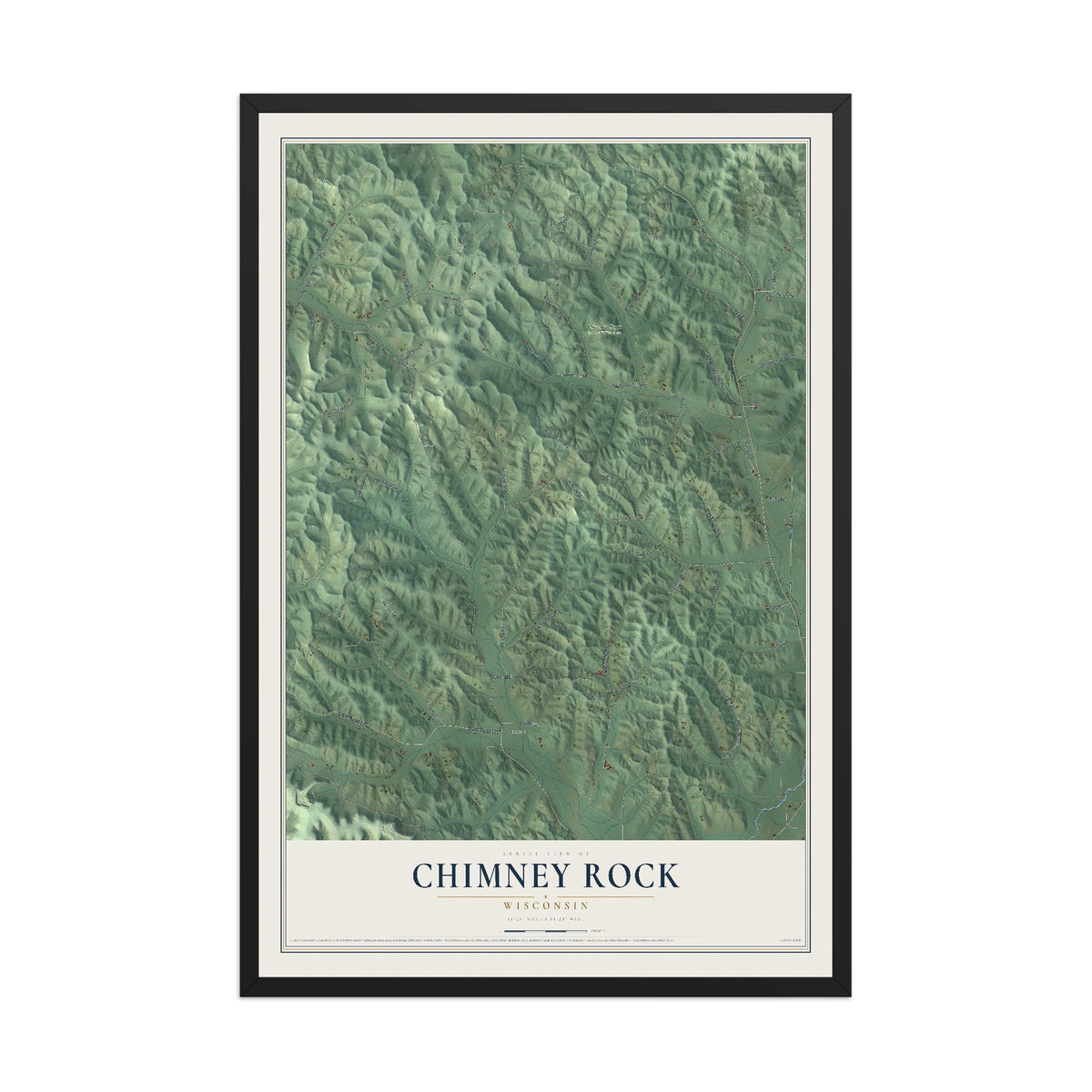 Map of Chimney Rock, Wisconsin, 12 x 18 inch print in a black wood frame