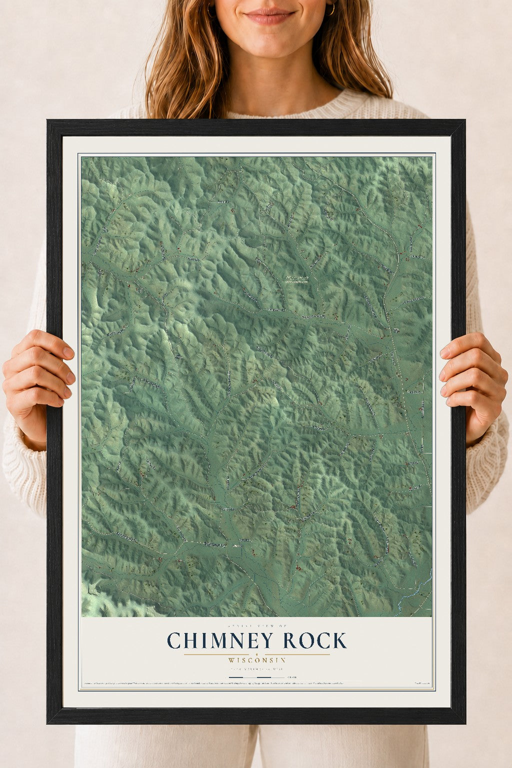 Map of Chimney Rock, Wisconsin, 18 x 24 inch print in a black wood frame