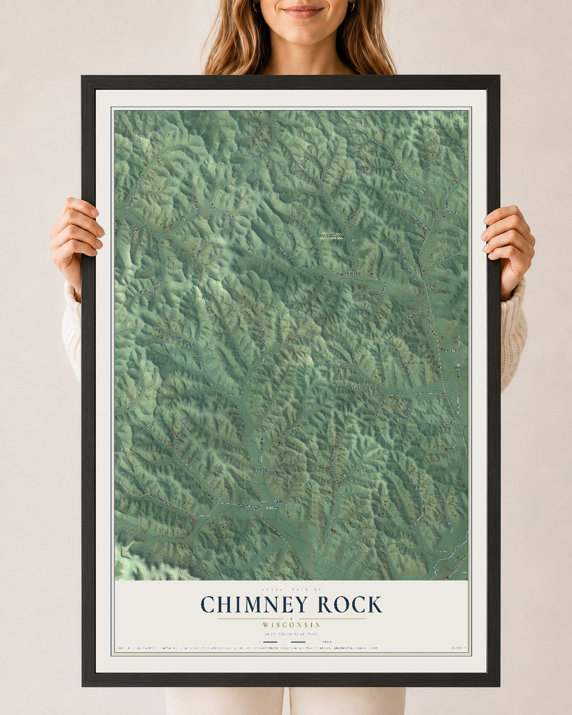 Map of Chimney Rock, Wisconsin, 24 x 36 inch print in a black wood frame