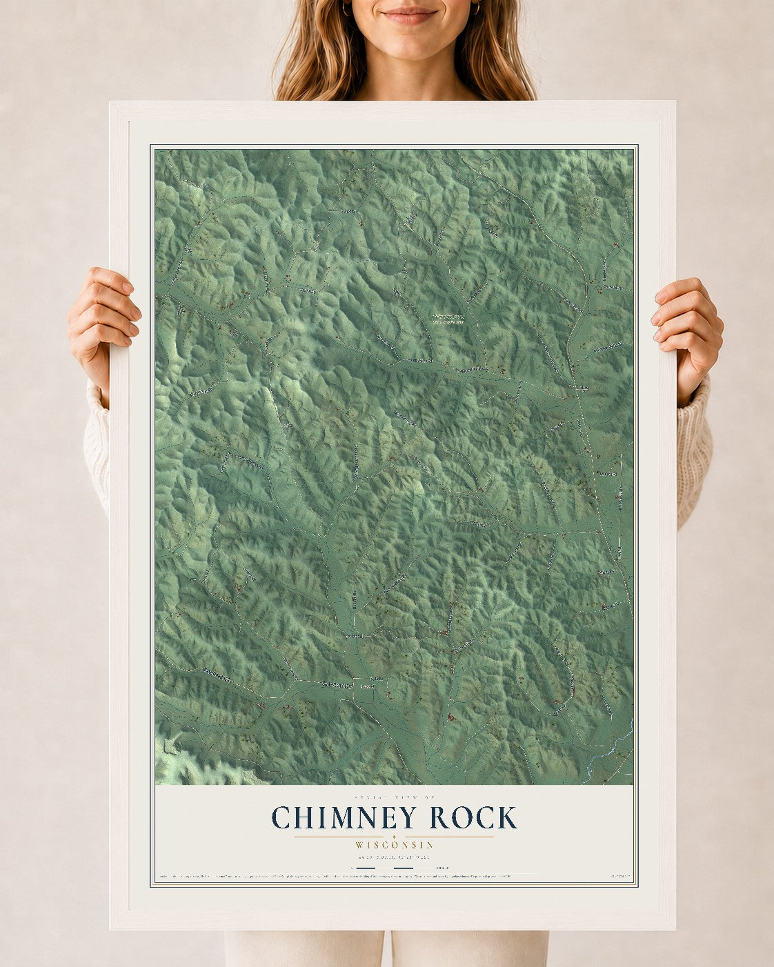 Map of Chimney Rock, Wisconsin, 24 x 36 inch print in a white wood frame