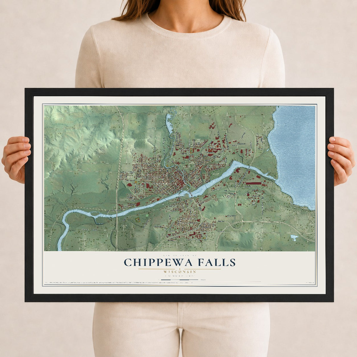 Map of Chippewa Falls, Wisconsin, 12 x 18 inch print in a black wood frame