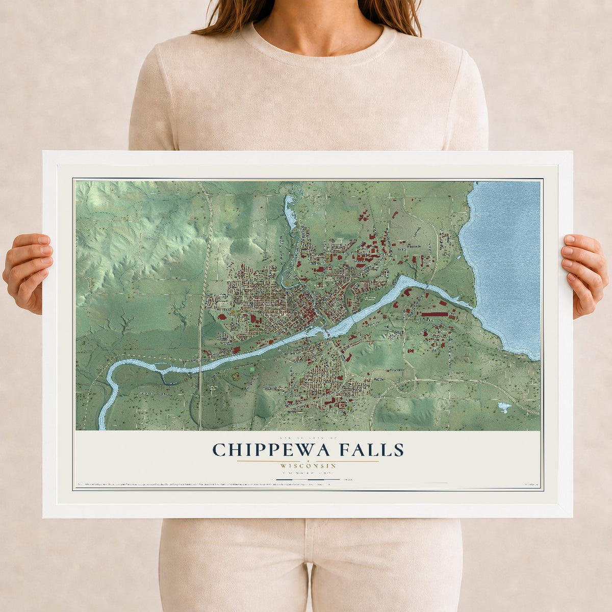 Map of Chippewa Falls, Wisconsin, 12 x 18 inch print in a white wood frame